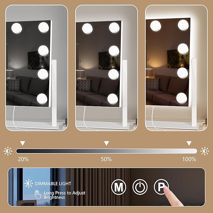 Hollywood Vanity Mirror with Lights, 9 Dimmable Bulbs, 3 Color Lights,Make Up Lighted Mirror, 10x Magnification 360°Rotation (12" x 14") White