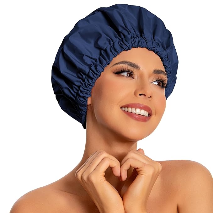 Reusable Shower Cap for Women, Large Waterproof Shower Bonnet with Elastic Band, Washable Bath Hair Cap for Long, Curly Hair, Braids, Daily Shower, Home Spa, Travel(Navy)