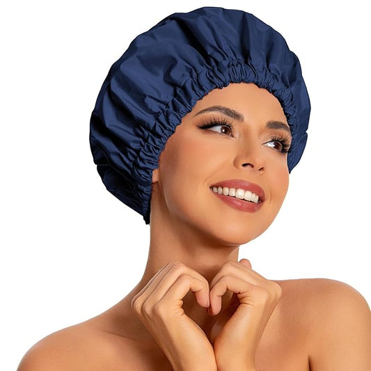 Reusable Shower Cap for Women, Large Waterproof Shower Bonnet with Elastic Band, Washable Bath Hair Cap for Long, Curly Hair, Braids, Daily Shower, Home Spa, Travel(Navy)