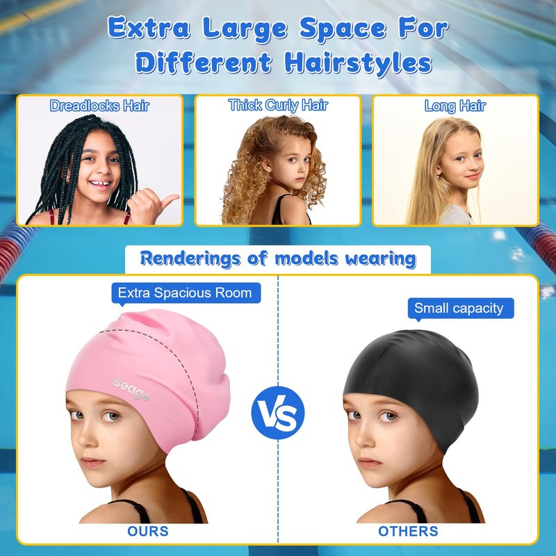 Seago Kids Swim Cap for Girls Boys Long Hair Swimming Cap for Kids 6-14 Youth Extra Large Swim Cap for Braids and Dreadlocks Waterproof Pool Silicone Bathing Swimming Caps that Keep Hair Dry