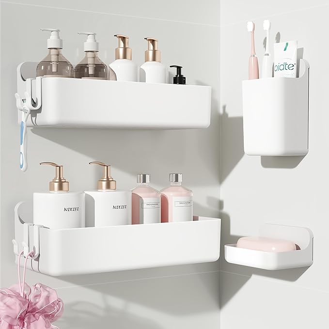 Nieifi Adhesive Wall Shelf, Shower Shelves, Shower Organizer for Bathroom Organization (White, 4 pieces)
