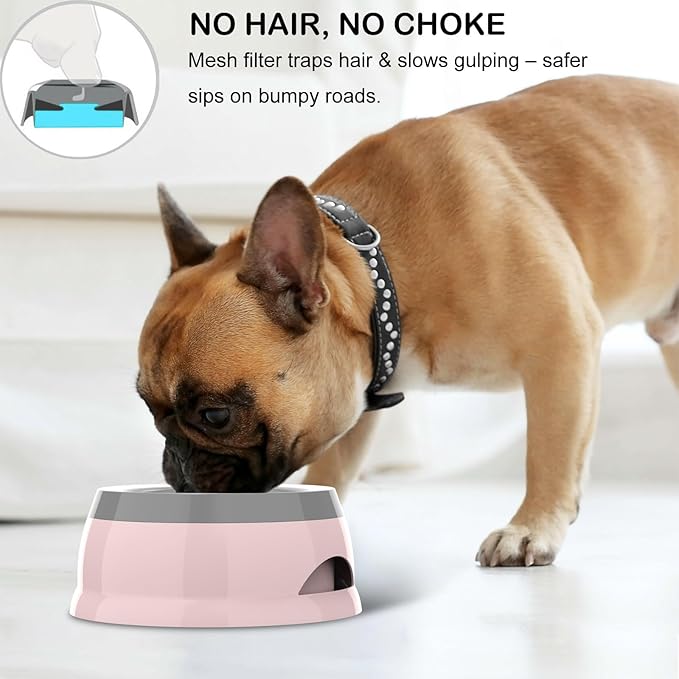 25oz Slow Drink Dog Water Bowl, No Spill Water Bowl for Dogs Cats, Non-Splash No Mess Puppy Kitten Water Feeder, Carried Portable Base for Vehicle Car,Travel,Home (Small/Medium Pets) - Pink