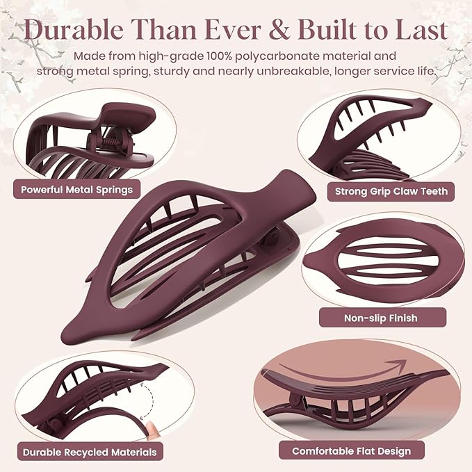 6 PCS Large Flat Hair Clips for Women, French Concord Lay Down Flat Claw Clips for Thick Thin Hair, Comfortable Curved Flat Hair Clip, Matte Non-slip Strong Hold Hair Accessories, Chic Colors