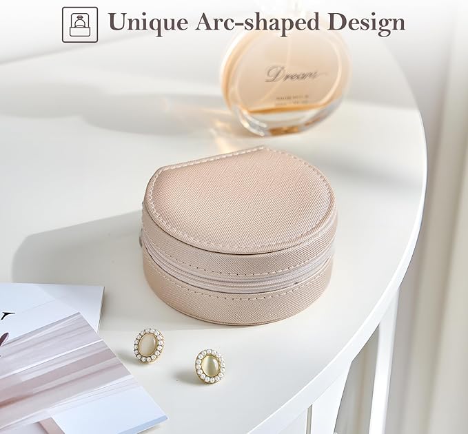 ProCase Travel Size Jewelry Box, Mini Portable Seashell-Shaped Jewelry Case with Mirror, 2 Layer Organizer in PU Leather for Women -Champagne