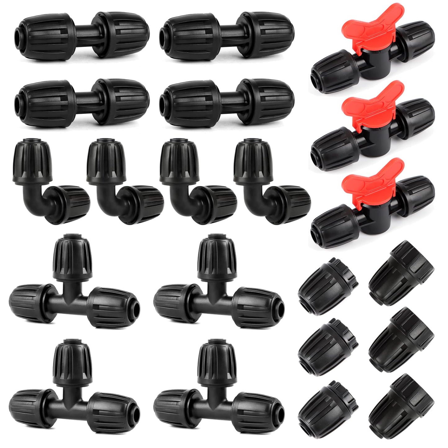 Copadri 21 Pieces1/2 Inch Drip Irrigation Fittings Kit, 1/2'' Drip Line Barbed Locked Connectors for 1/2 Inch Irrigation Tubing (1/2" ID x 0.650" OD) Coupling Tee Elbow Plug Valve Faucet Adapter