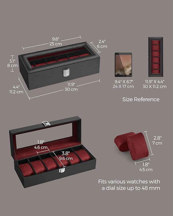 SONGMICS Watch Box, 6-Slot Watch Case Organizer with Large Glass Lid, Removable Pillows, Gift for Loved Ones, Black Synthetic Leather, Wine Red Lining UJWB006R01