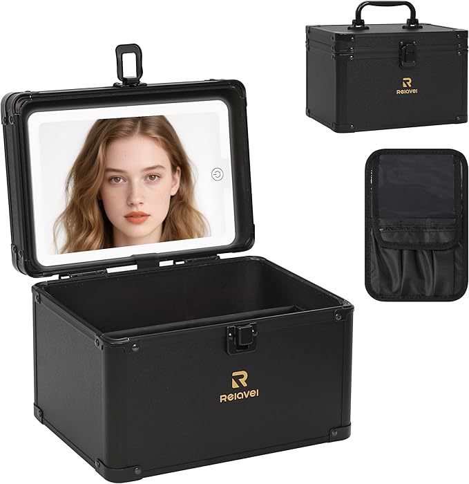 Relavel Travel Makeup Bag With LED Mirror, Makeup Bag With 3-Mode Light Up Mirror, Cosmetic Makeup Organizer Vanity Case for Women Beauty Accessories, Rechargeable Makeup Travel Storage - Black