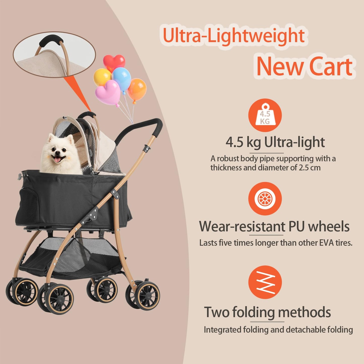 MILA&LOUIS Pet Stroller, 22" Pet Cradle for Small Dog, Dog Stroller with 4 Pu Wheels, 10Lbs Ultra-Light Dog&Cat Stroller for Small Pets, Max 22Lbs Capacity Detachable & Foldable Design with Cup Holder