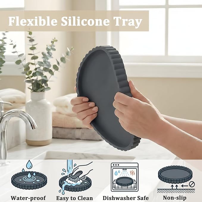 Silicone Bathroom Vanity Tray, Modern Round Decorative Tray for Countertop, Waterproof & Unbreakable Cosmetic Perfume Organizer, Extra-Thick & Sturdy, Easy to Clean Candle Tray (Dark Grey, 10 inch)