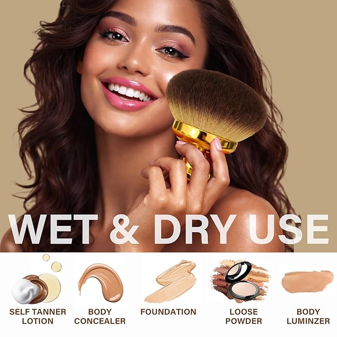Extra Large Body Makeup Brush For Self Tanner, Leg Makeup &Bronzer Blend,3.6inch Wide-headed Kabuki Brush Provides More Even &Pretty Application, Sunscreen Face& Back Makeup Brush, Wet&Dry Use- Gold