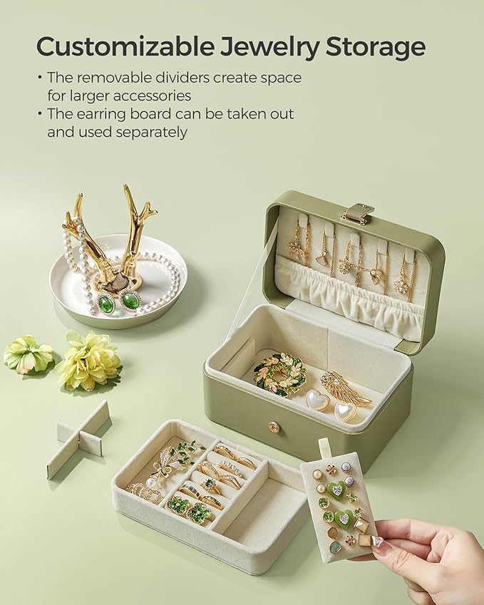 SONGMICS Jewelry Organizer Box, Travel Jewelry Case, 2-Layer Travel Case for Earrings, Necklaces, Bracelets - Portable Jewelry Storage with Large Capacity, Gift Idea, Laurel Green UJBC166C02