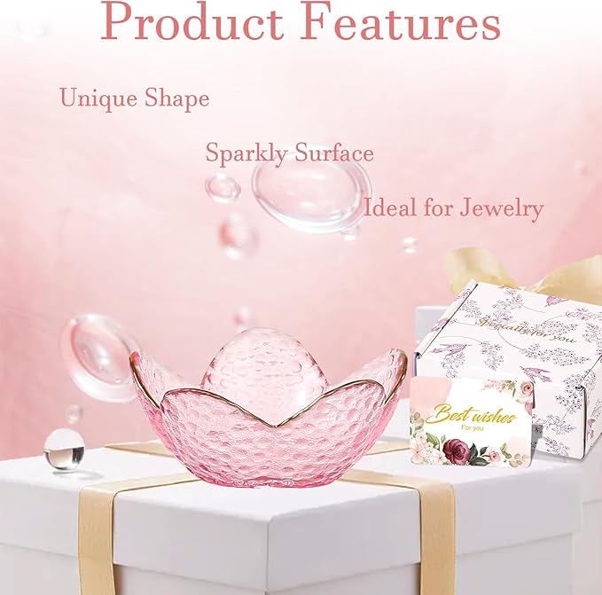 Gifts for Women Trinket Dish Flower Jewelry Dish Pink Glass Ring Holder Jewellery Tray Cute Room Decor Aesthetic Bedroom Accessories Unique Birthday New Home Christmas Gifts for Women Friends (2 pcs)