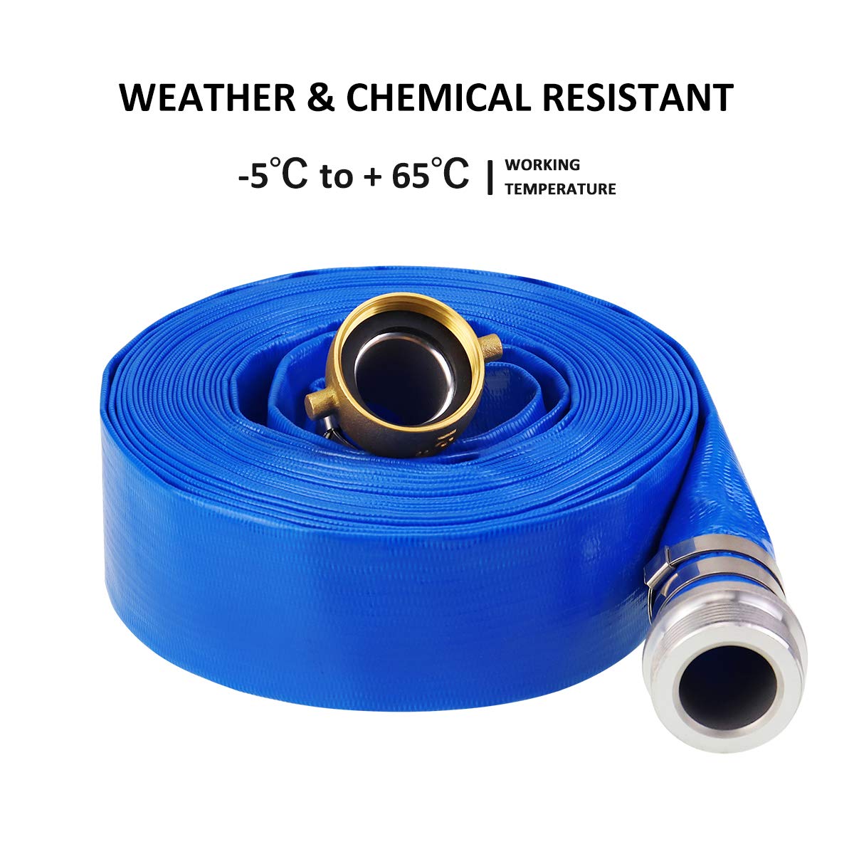 2" x 50' Blue PVC Backwash and Discharge Hose for Swimming Pools, Heavy Duty Reinforced Flat Pool Hose with Aluminum Pin Lug Fittings