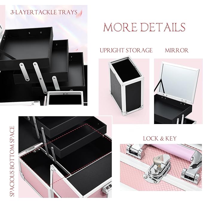 Joligrace Pink Makeup Train Case, 3-Tier Makeup Box Organizer and Portable Makeup Organizer Box, Hard Makeup Case with Mirror and Lock, Professional Makeup Case for Women, 11.8" x 9.1" x 7.1"