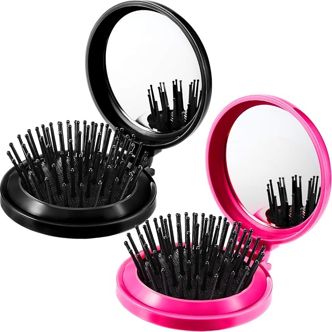 Boao 2 Pack Foldable Travel Mirror Hair Brushes Round Portable Folding Pocket Hair Brush Mini Comb Compact Travel Size Massage Comb for Men Women(Black, Rose Red,Round)