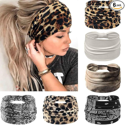 Awumbuk Wide Headbands for Women Knotted No Slip Head Bands Soft Turban Headband Hair Accessories Boho African Solid Color Head Wraps for Women Yoga Workout Pack of 6