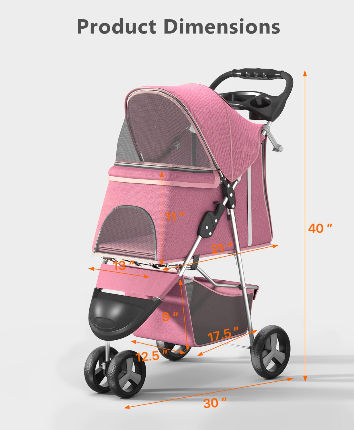 OS MOTOR Pet Stroller with 3 Wheels for Small/Medium Pets, Portable Travel Foldable Carrier Jogger for Dog Cat Puppy Kitty, Rear Wheel Breaks, Storage Basket, Visible Mesh with Weather Cover (Pink)