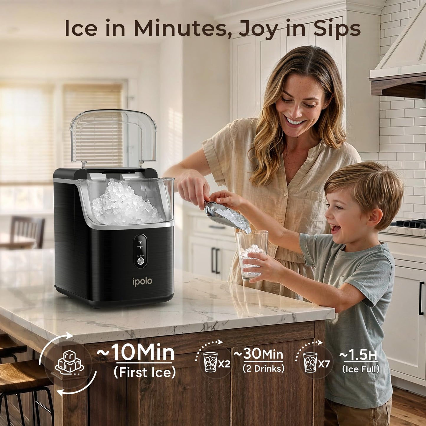 ipolo Nugget Ice Maker Countertop: 33lb/Day, Self-Cleaning, Black Stainless Steel, Portable, Soft Chewable Pebble Ice Machine for Home Kitchen, RV & Office