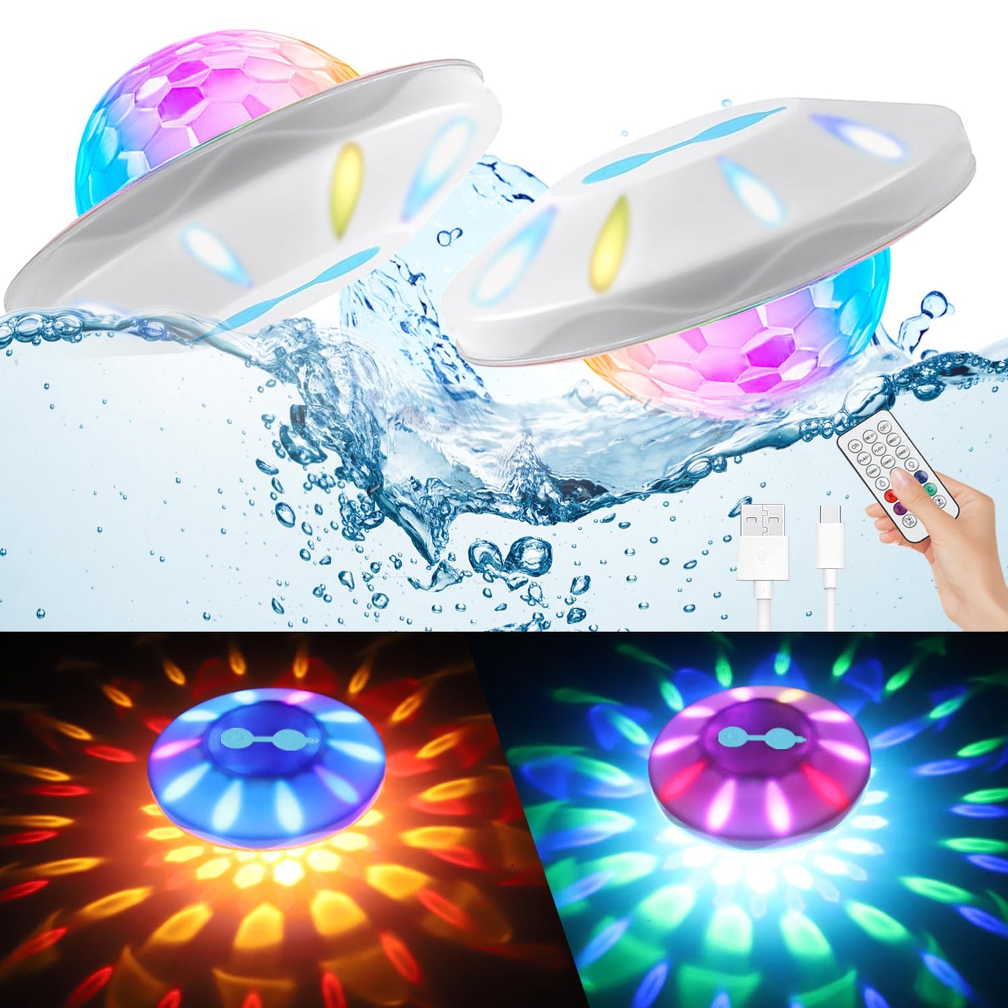 BOXPSII Floating Pool Lights(2 Pack), Pool Lights IP68 Waterproof, Rechargeable RGB Upper and Lower Color Changing Pool Floating Light with 6 Dynamic Lighting, Floating Light for Pool, Garden,Paths