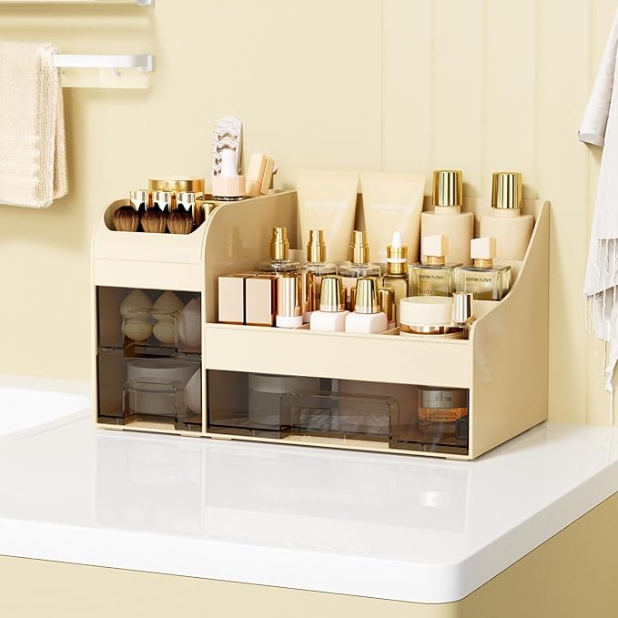 Makeup Organizer with Drawers,Large Cosmetic Storage Box,Countertop Skincare Organizer,ABS Makeup Brush Holder for Bathroom,Desk,Dresser,Multifunctional Beauty Display Case,Cream transparent