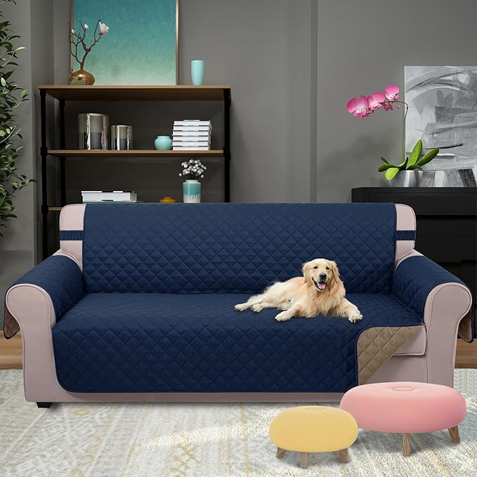 U-NICE HOME 4 Seater Sofa Cover 91 Inch Large Couch Covers for 4 Cushion Couch with Elastic Straps Water Resistant Furniture Protector Cover for Pets Cat (Sofa XX-Large, Navy/Taupe)