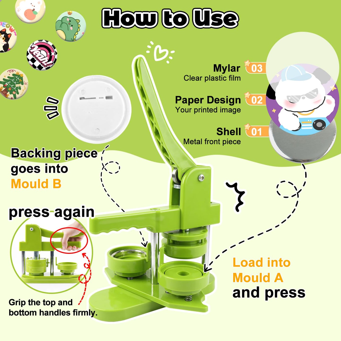 MK.Bear Button Maker Machine 58mm (2.25 in) Installation-Free, DIY Button Pin Maker Machine, Badge Punch Press with Free 100pcs Badge Supplies & Pictures & Circle Cutter & Magic Book