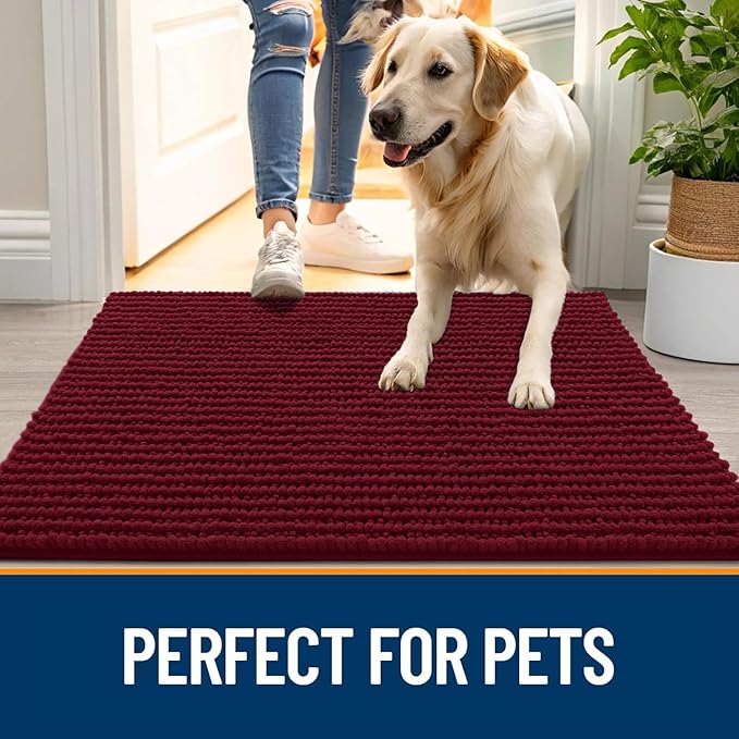 OLANLY Dog Door Mat for Muddy Paws 44x24, Ultra Absorbent Chenille Mud Doormat, Non-Slip Washable and Dirt Trapping Doormat for Indoor Entryway, Quick-Dry Indoor Pet Bed Mats for Dogs, Burgundy