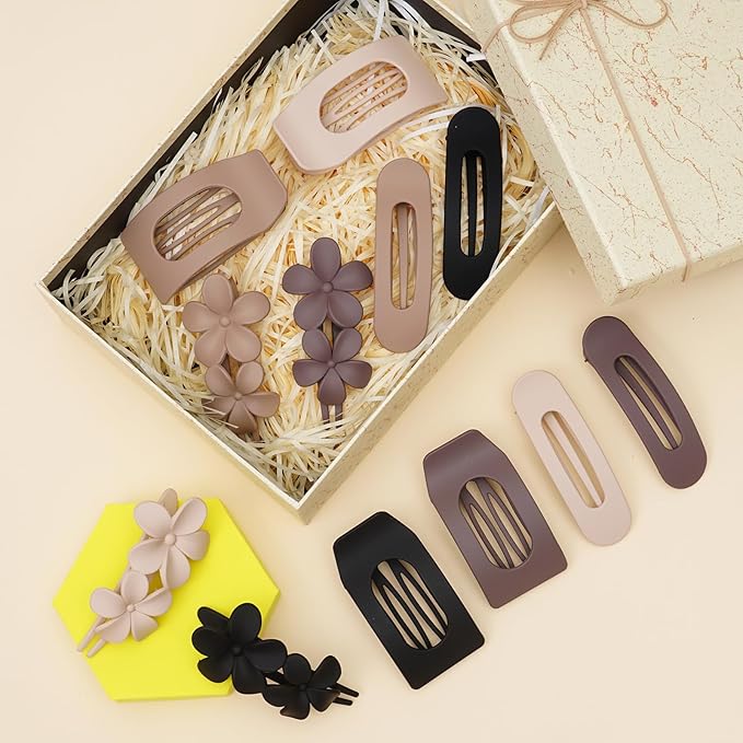 12 Pack Flat Hair Clips for Women – Matte Neutral Square Claw Clips, Flat Barrettes & Flower Pins in Black, Blonde,Light Brown & Dark Brown, Soft Touch Hair Accessories for Thick & Thin Hair