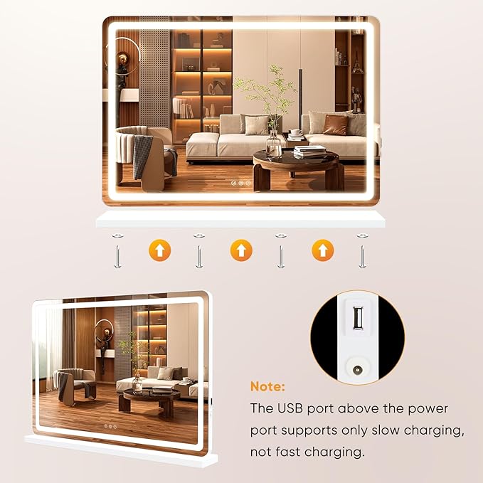 DUMOS 22"x32" LED Vanity Mirror with Lights, Dimmable 3 Color Modes Makeup Mirror with Memory Function, USB Charging, Aluminum Frame, Lighted Mirror for Desk or Bedroom