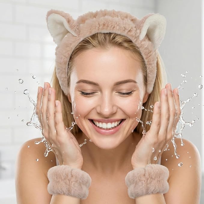 Headbands for Women, Elastic Spa Headband with 2pcs Wristband Set, Cute Plush Cat Ears Puffy Head Band Makeup Hair Band for Washing Face Skincare Yoga Facial Mask(Beige)