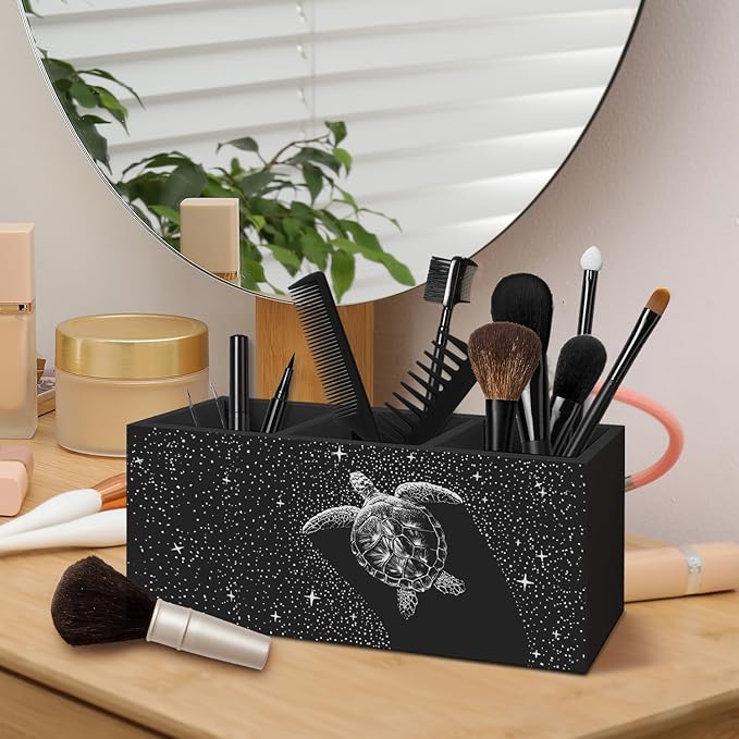 Turtle Beach Pen Pencil Holder for Desk Accessories, Dark Starry Night Animal Coastal Wooden Box Decorative Sign for Home Office Desk Tabletop Decor