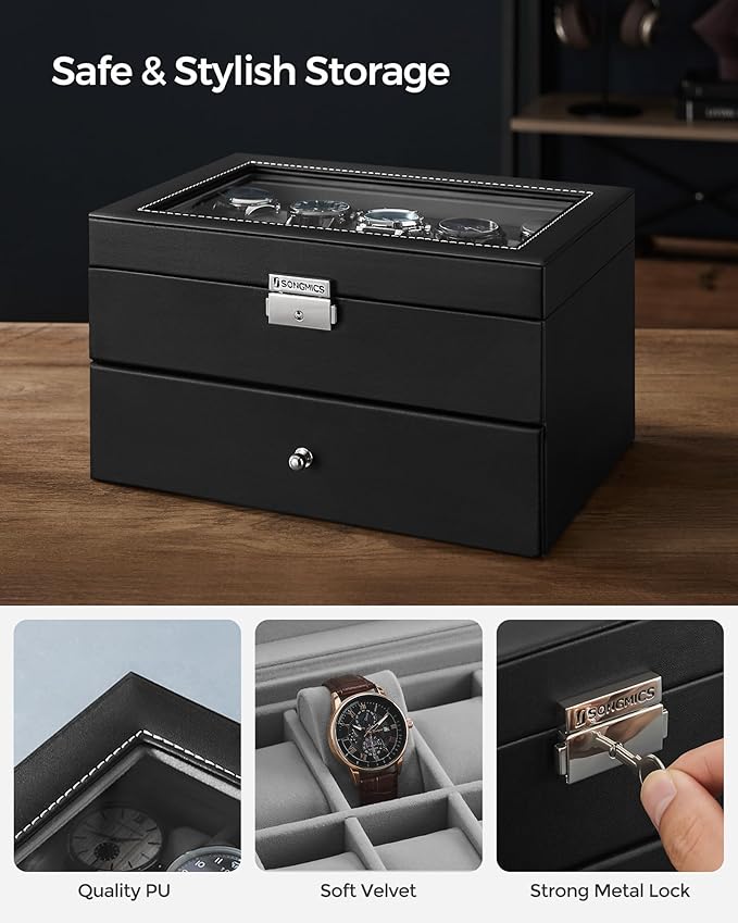 SONGMICS Watch Box, 20-Slot Watch Case Organizer with Large Glass Lid, Removable Pillows, Metal Lock, Gift for Loved Ones, Black Synthetic Leather, Gray Lining UJWB006V1