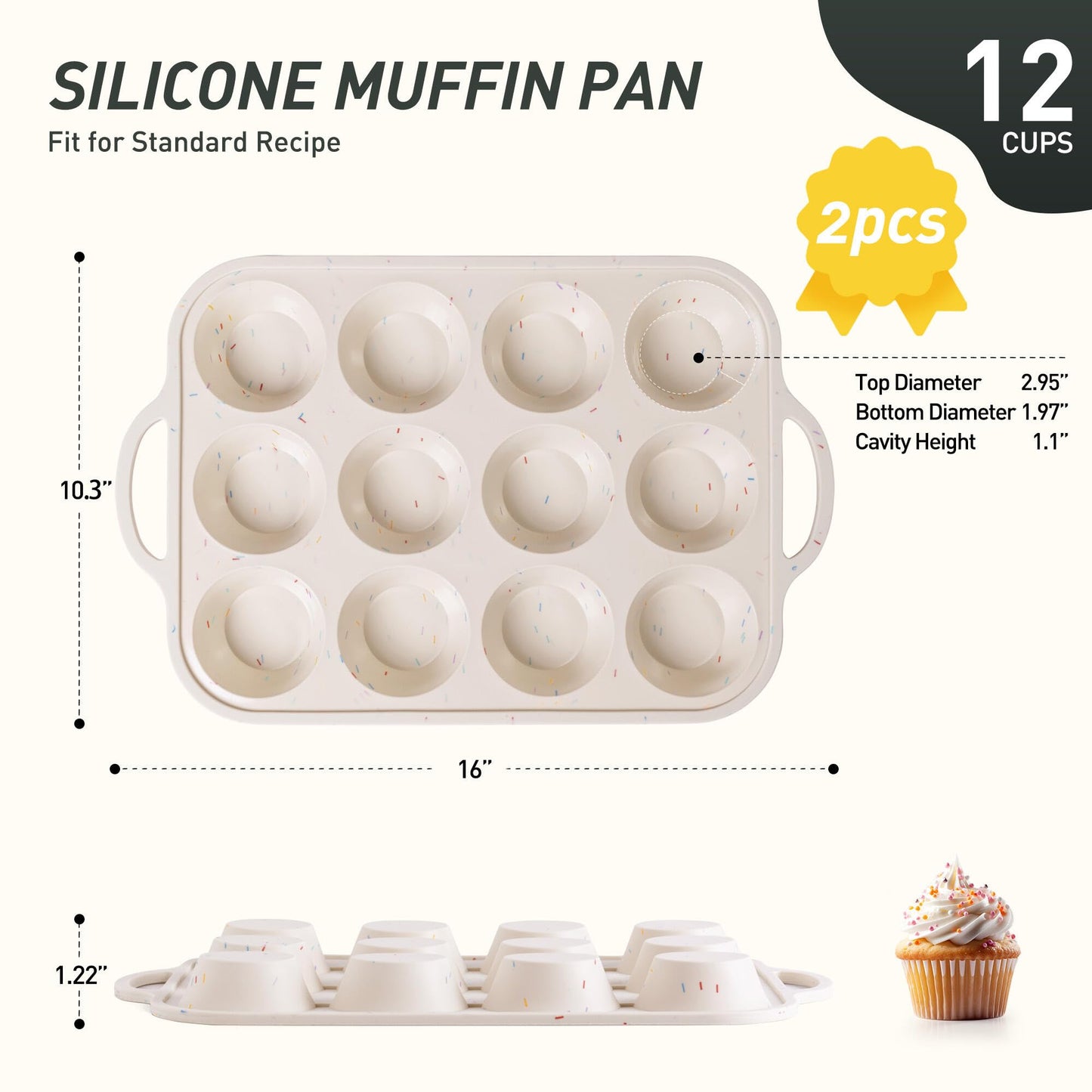2 Packs 12 Cups Silicone Muffin Pan for Baking with Metal Reinforced Frame Regular Size Cupcake Pan Tray Chocolate Egg Pizza Bites Oven Top Cookie Molds Muffin Tin Tart Pans Sheet Set Bakeware Liner