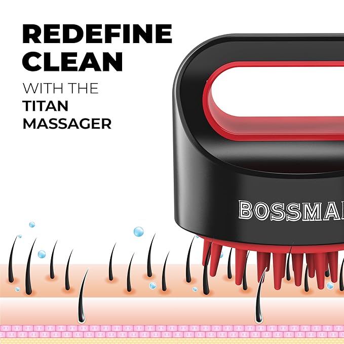 Bossman Titan Shower Scalp Massager – Scalp Exfoliator Brush – Ergonomic Silicone Scrubber for Product Build-Up, Dandruff & Pore Stimulation – Head & Beard Care Tool with Soft Bristles