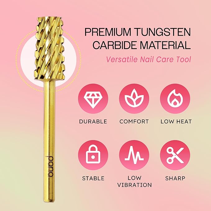 PANA Tapered Barrel Carbide 3/32" Shank Size - (Gold, Extra Coarse Grit) - Fast remove Acrylic or Hard Gel Nail Drill Bit for Manicure Pedicure Salon Professional or Beginner