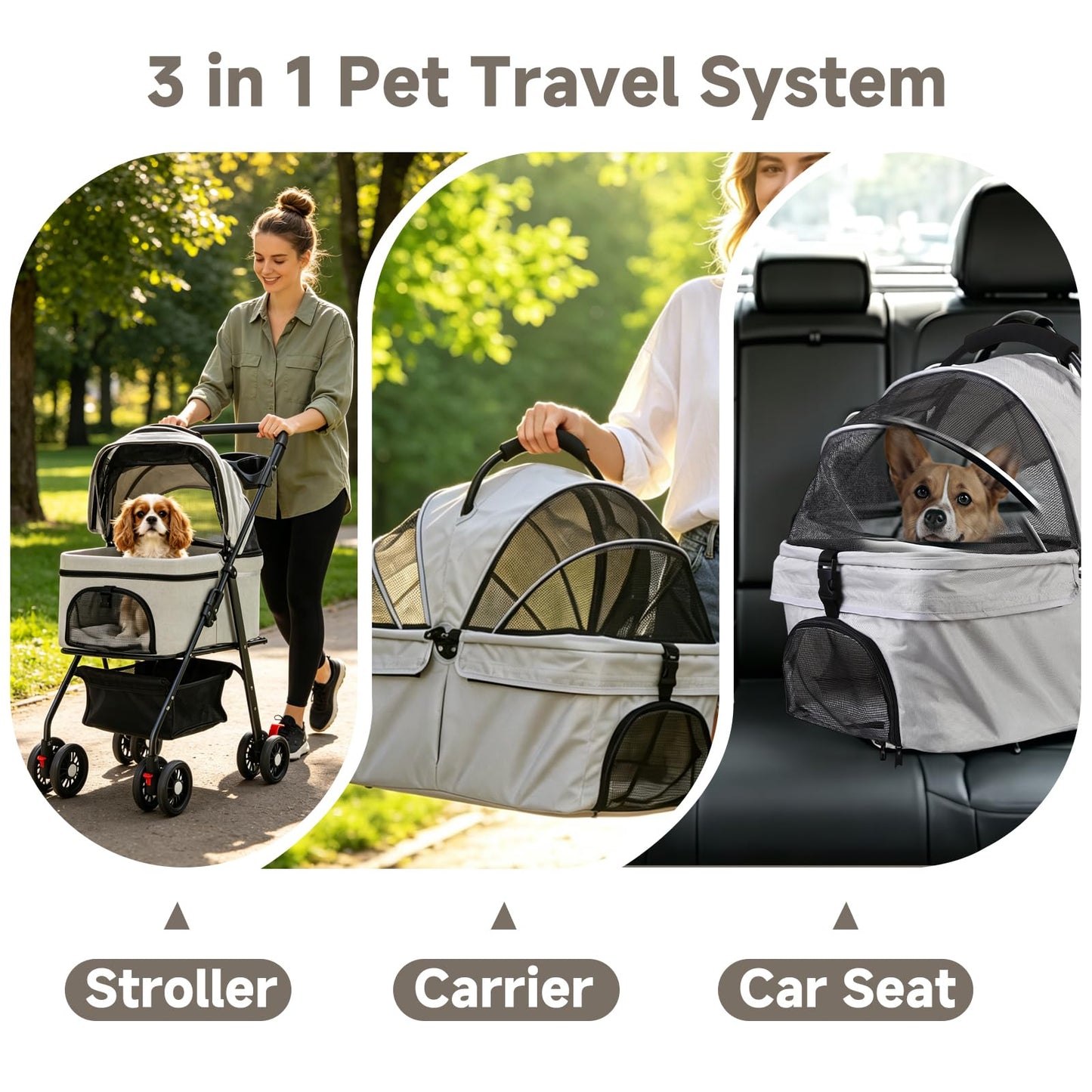 AODI Pet Stroller for Small Dogs and Cats with 4 Wheels, 3 in 1 Foldable Dog Stroller with Detachable Carrier, Breathable Mesh, Storage Basket & Cup Holder, Up to 33 lbs