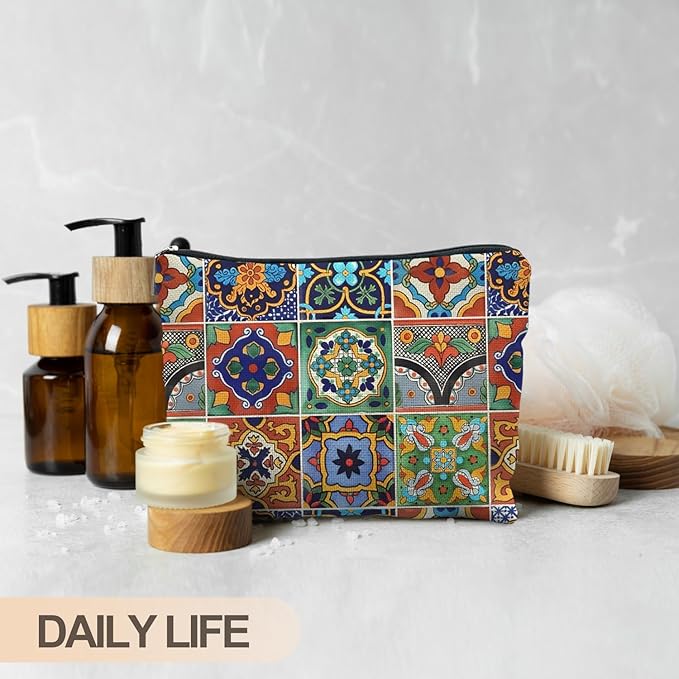 Bohemian Tile Pattern Makeup Bag, Ethnic Moroccan and Mexican Talavera Tile Cosmetic Bag for Women, Vintage Floral Makeup Pouch, Mexican Gifts for Women