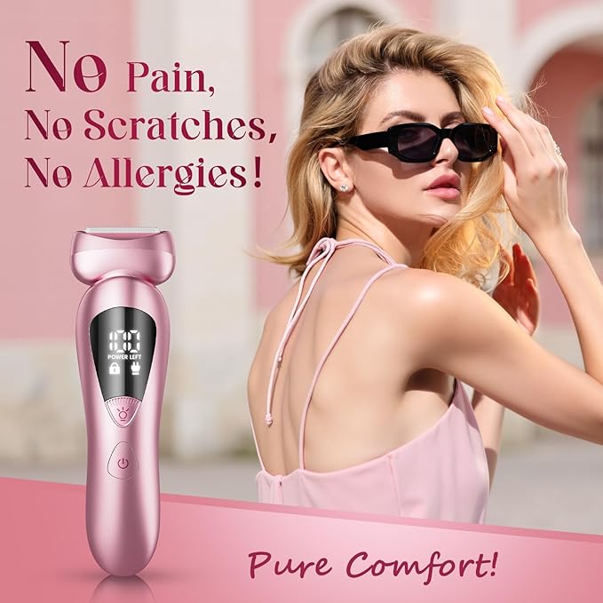 Cordless Electric Razors for Women: Rechargeable Painless Bikini Trimmer for Body Hair - IPX7 Waterproof Shaver with LED Display for Face/Underarm/Leg Light Pink Upgraded