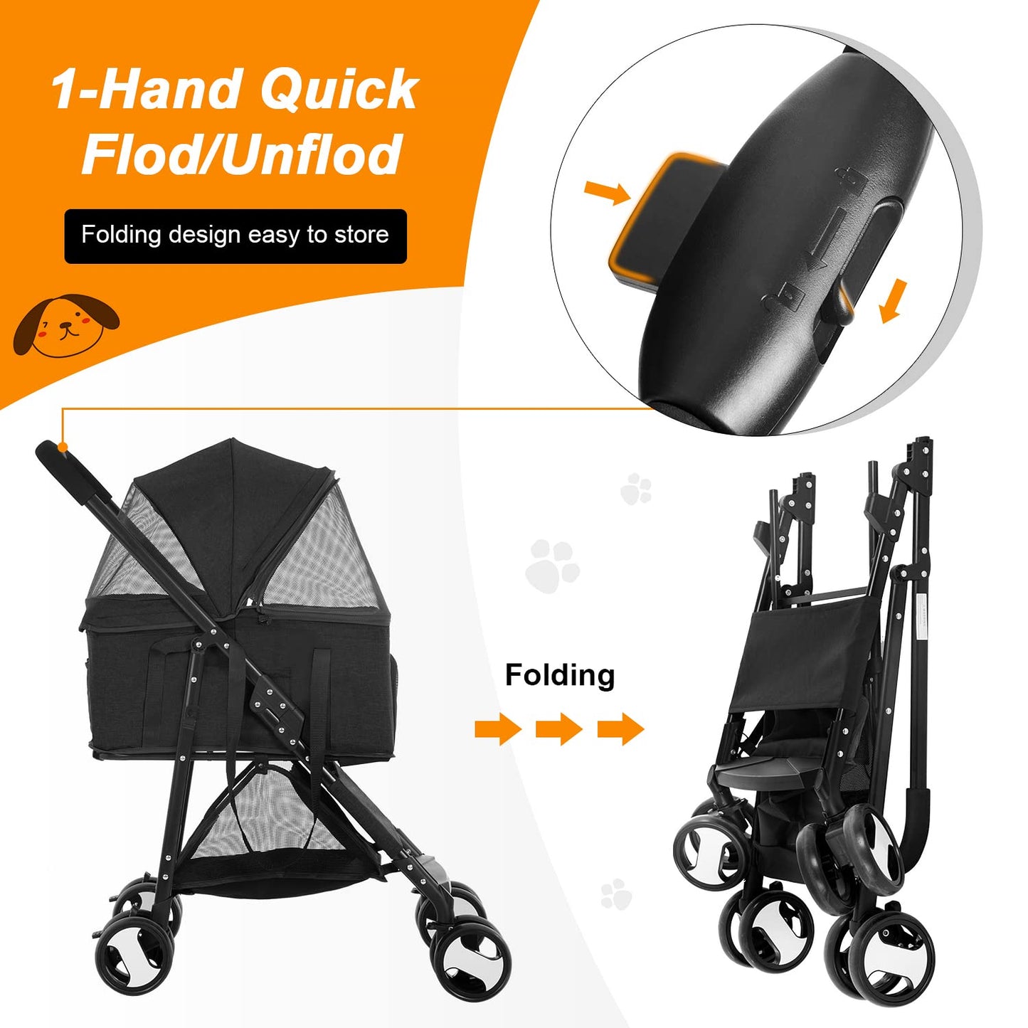 BestPet Pet Dog Stroller with Premium 3-in-1 Multifunction & Detachable Carrier for Folding Lightweight Cat Travel Stroller,Black
