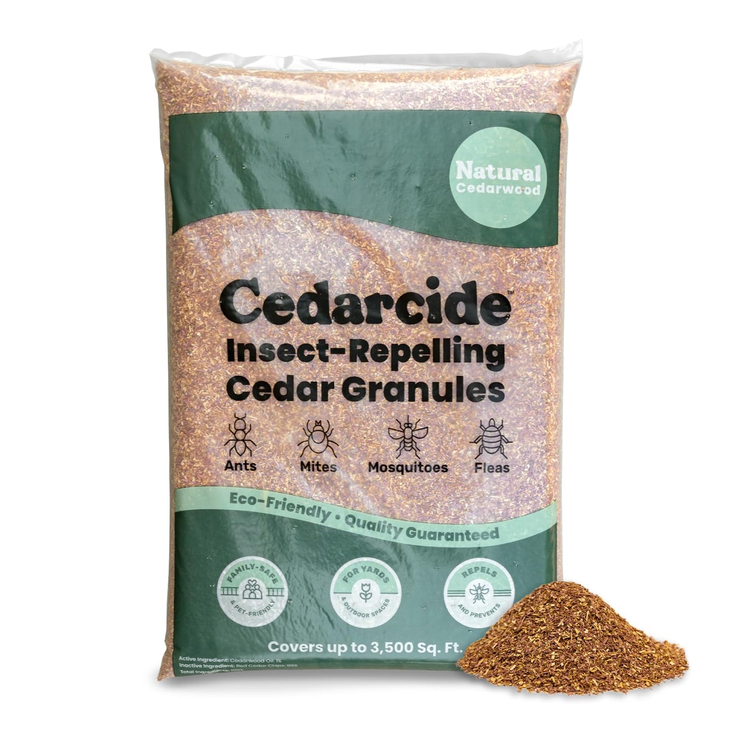 Cedarcide Original Cedar Granules â Flea, Tick, Mosquito & Spider Repellent for Yard, Lawn, Patio & Garden â Outdoor Insect Control â for Use Around Pets, Kids & Family (8 lb Covers 3,500 sq ft)