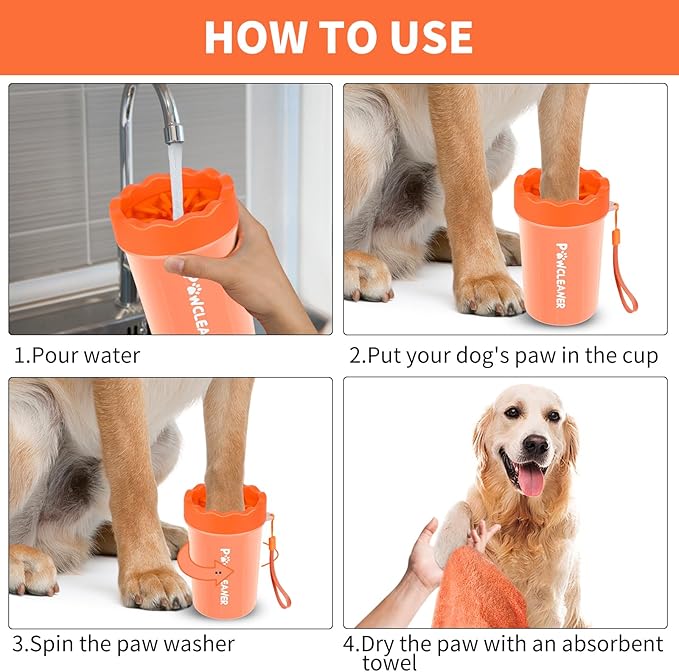 Professional 7 in 1 Dog Paw Cleaner for Dogs & Cats - Includes 1 Portable Paw Washer, 1 Bath Brush, 2 Dog Toothbrushes and 3 Absorbent Towels Note: Fits Paws 1.5 to 2.5 Inches Wide (Orange, Medium)