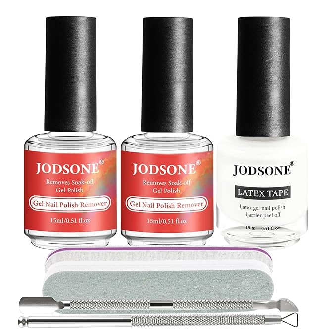 JODSONE Gel Nail Polish Remover Kit 2Pcs Gel Remover 1Pc Latex Tape Liquid Professional Soak Off Gel Nail Removal Set for Nail Art Manicure Pedicure at Home Includes Sanding Strips and Steel Pushers