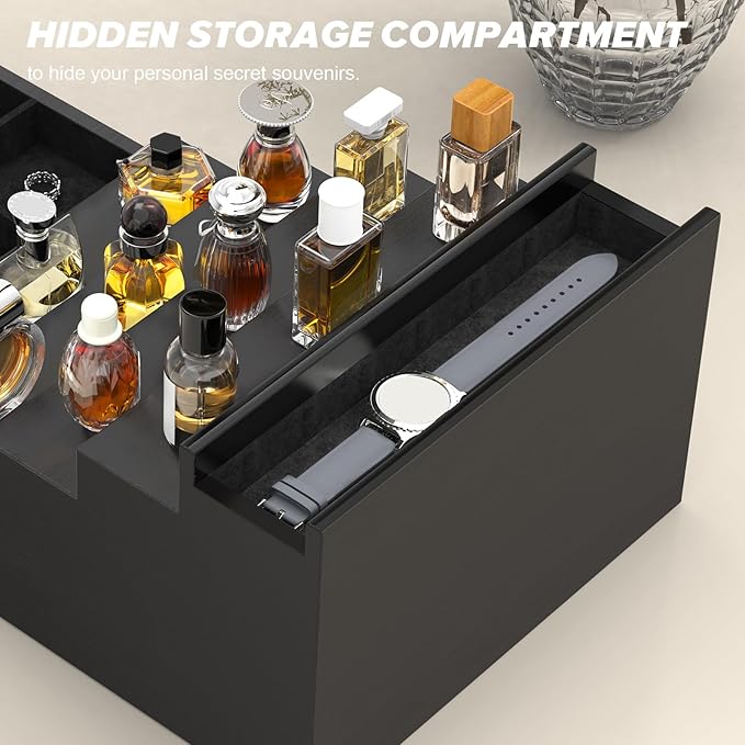 Cologne Organizer for Men, 5 Tier Black Wood Perfume Organizer with Felt Lining Drawer and Hidden Compartment, Perfume Display Holder, A Gift for Men