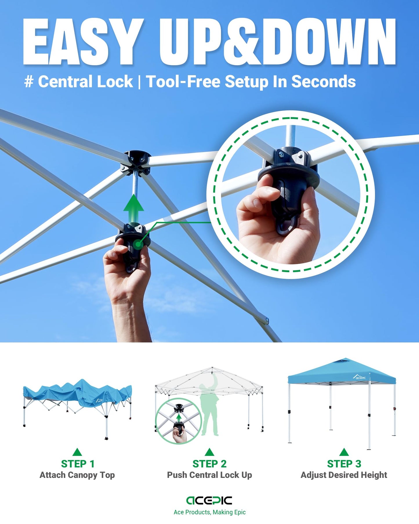 Acepic 10x10 Pop Up Canopy Tent,300D Silver-Coating Top,Pop Up Canopy Tent Instant Portable Shelter with 1-Button Push and Wheel Carry Bag, 8 Stakes and 4 Upgraded Canopy Weights (Serene Blue, 10x10)