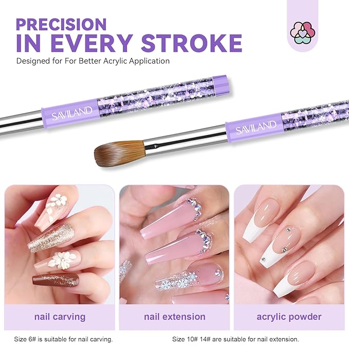 SAVILAND Kolinsky Acrylic Nail Brush Set: Size 6,10,14 Professional Nail Brushes Cleaner Manicure Tool for Acrylics Application Acrylic Powder Nails Extension 3D Carving for Nails Art DIY