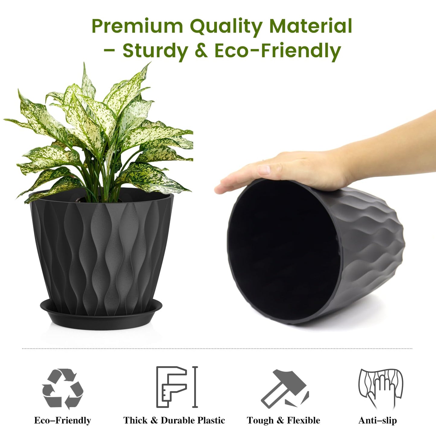UOUZ 8 Inch Plant Pots, 4 Pack Plastic Planters for Indoor Outdoor with Drainage Holes & Saucers, Waffle Texture Flower Pots for Indoor Plants, Indoor Plant Pots for Monstera, Fiddle Leaf Fig, Black