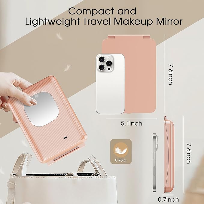 Travel Makeup Mirror with Lights and Magnification, 10X/1X Magnifying Vanity Mirror with 3 Colors & Brightness Adjustable, 2000 mAh Rechargeable Lighted Compact Mirror, Women Gift(Pink)