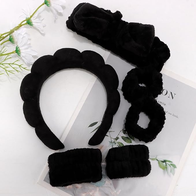 AOPRIE SPA Headbands for Washing Face Makeup Headbands with Bow Hair Band Women Facial Head Band Wrist Towel Wraps For Shower Face Mask Black 2 Style Black, 6 Pack