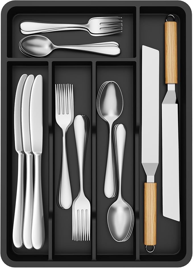 Lifewit Silverware Drawer Organizer Tray, Plastic Cutlery Storage for Kitchen, Flatware and Utensil Holder Divider for Spoons Forks Knives Tableware, 9.5 x 13.4", 5 Slots, Black