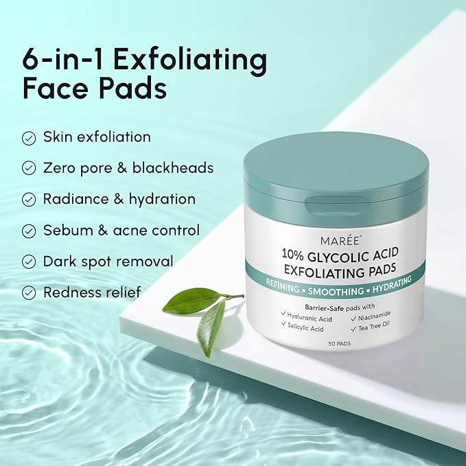 MAREE Glycolic Acid Resurfacing Pads - Toner Pads for Face Cleansing - Exfoliating Pad with Tea Tree Oil, Salicylic Acid & Vitamins E, B3, B5 - Acne Treatment Device for Pore Resurfacing - 50 Count